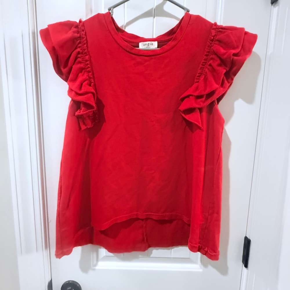 Umgee Red Ruffle Cap Sleeve Cotton Top High Low Hem K6631 S